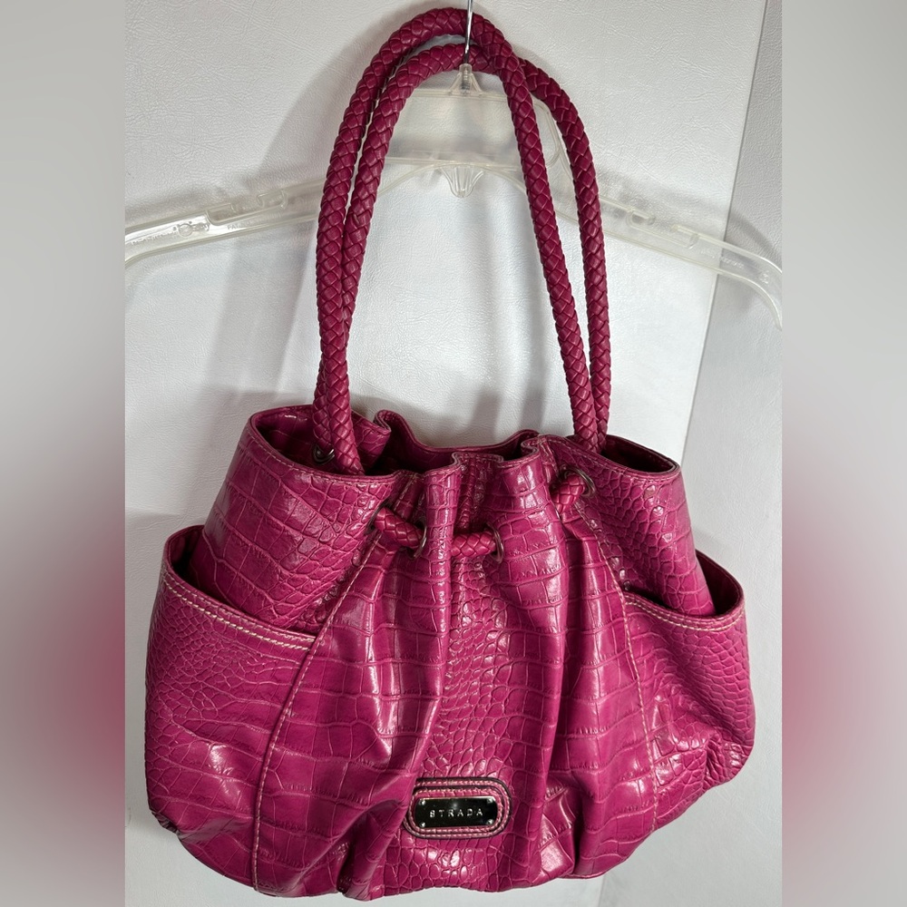 Strada Dark Pink Purple Faux Crocodile Hobo Shoulder Bag Drawstring Braid Handle